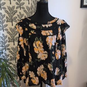 Time & Tru Floral Black and Orange Women's Top